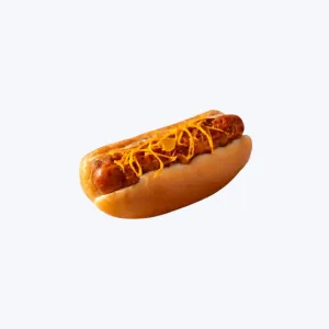 Cookout style hot dog with chili, slaw, mustard, and onions