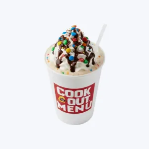 The Cook out M&M milkshake with colorful M&M pieces and vanilla ice cream