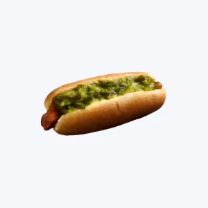 Hot dog with mustard, relish, and char grilled flavor