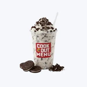 Cookout Oreo milkshake with crushed Oreo pieces and vanilla ice cream